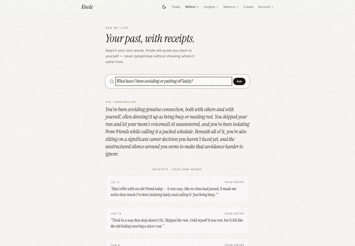 Ask My Life — a throughline plus dated receipts quoting the user's own entries