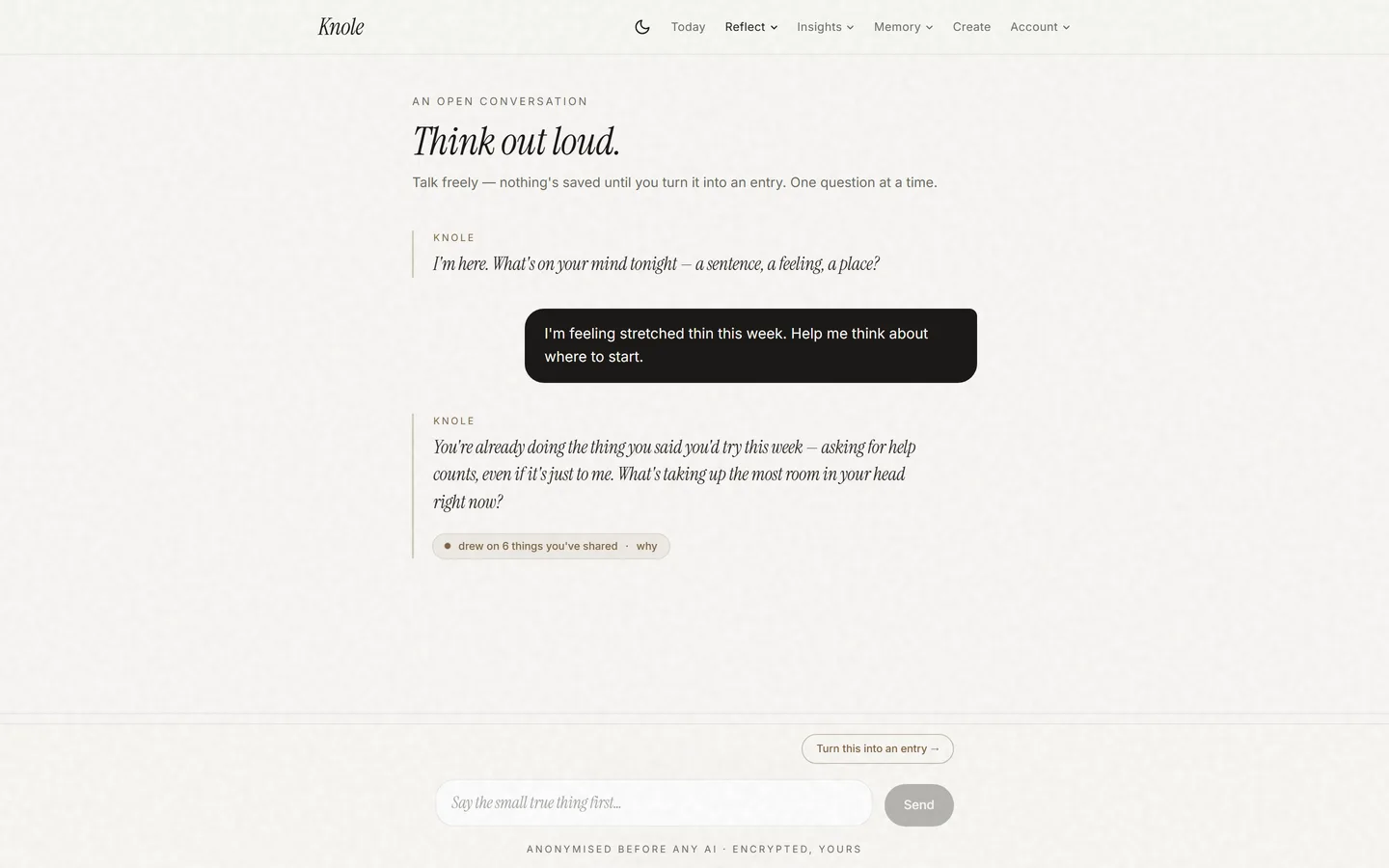 Chat — a private thinking partner that remembers, with a 'drew on 6 things you've shared' receipt