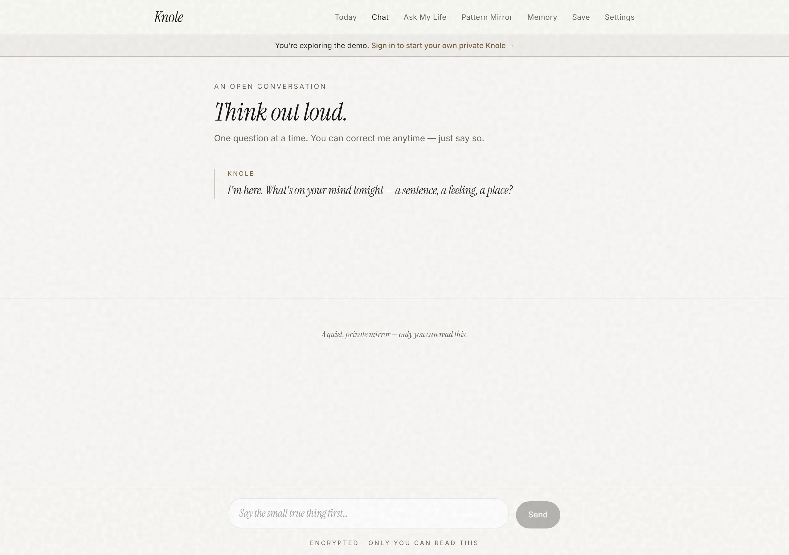 Chat — the opening greeting; encrypted, only you can read it