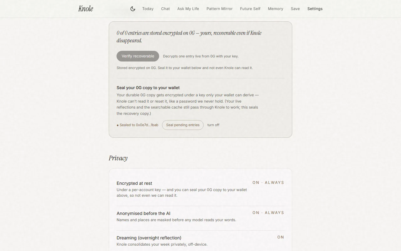 Settings — Seal your 0G copy to your wallet, sealed to 0x0e7d…1bab