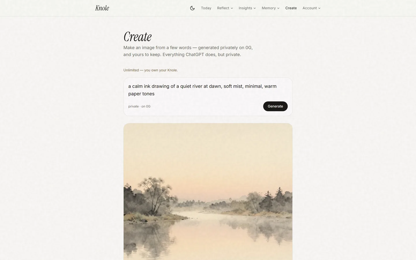 Create — an ink-wash river at dawn generated on 0G Z-Image