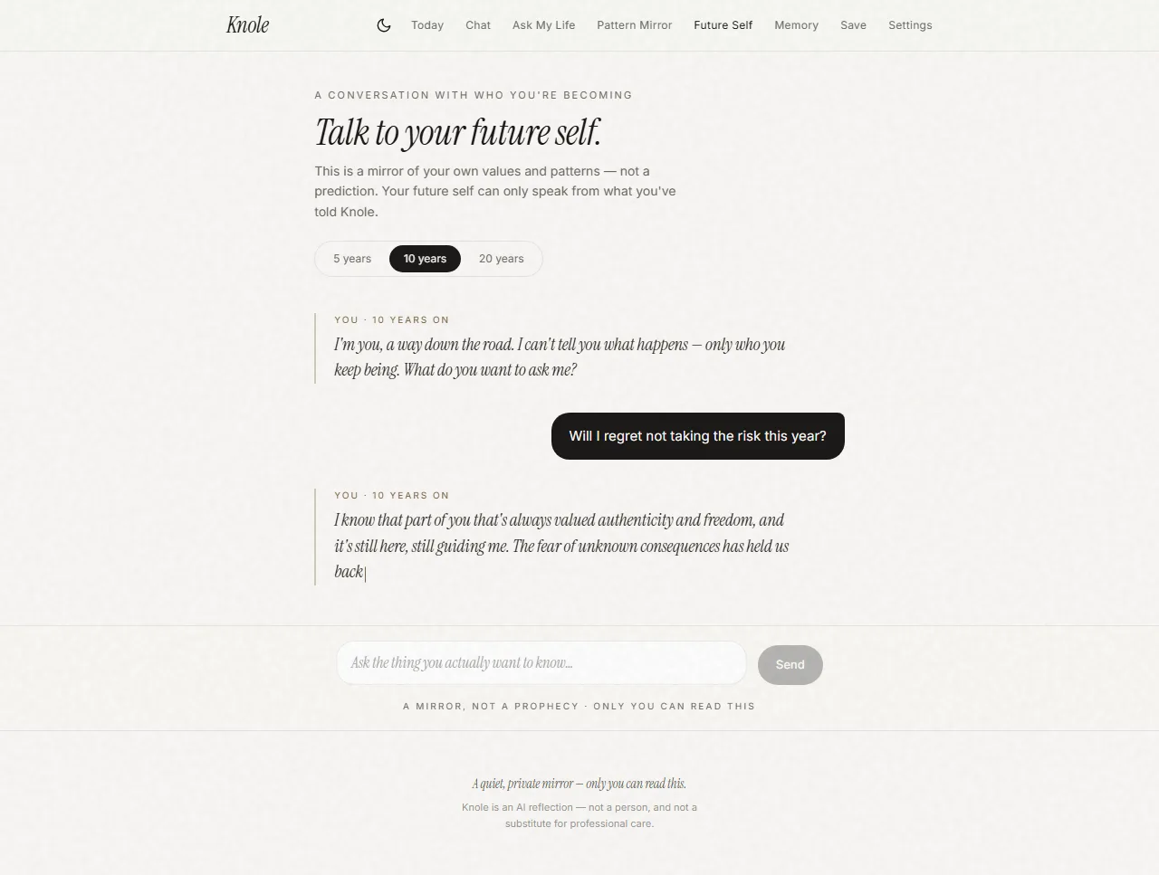 Future-Self — a grounded letter from who your entries point toward