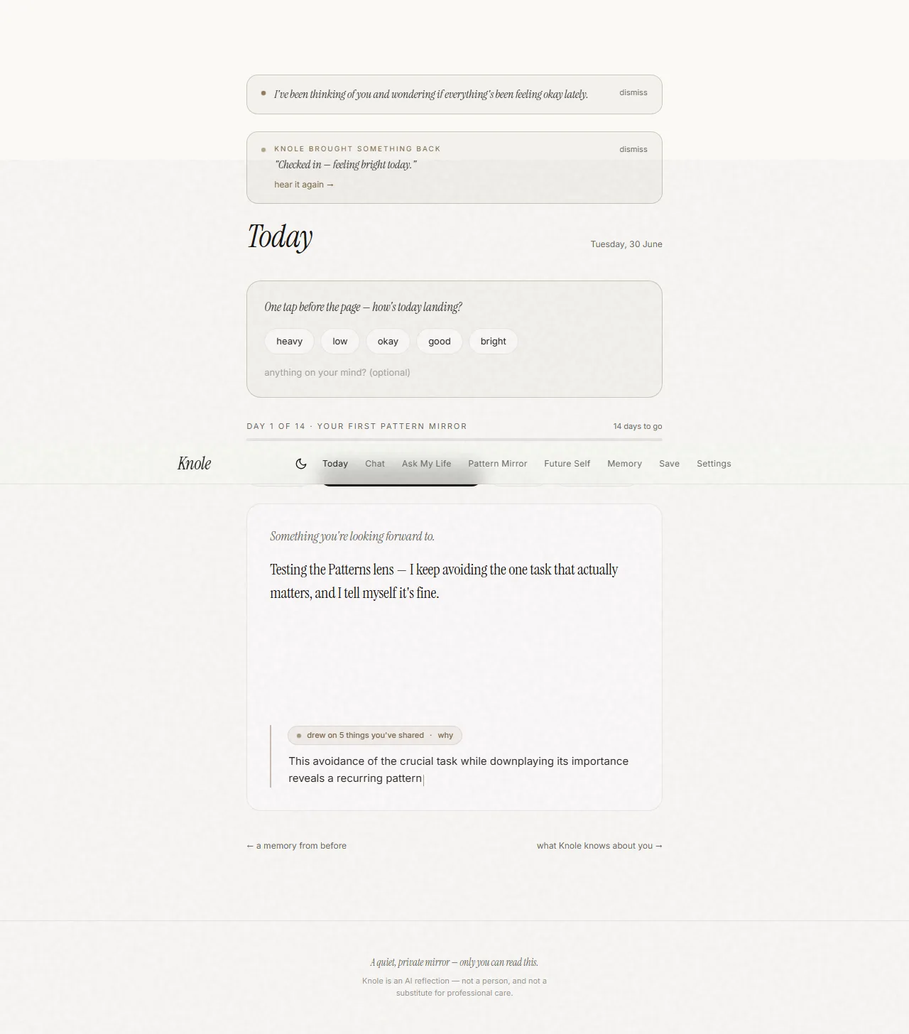 Four reflection lenses — Gentle Mirror, Pattern Finder, Blunt Friend, Decision Coach