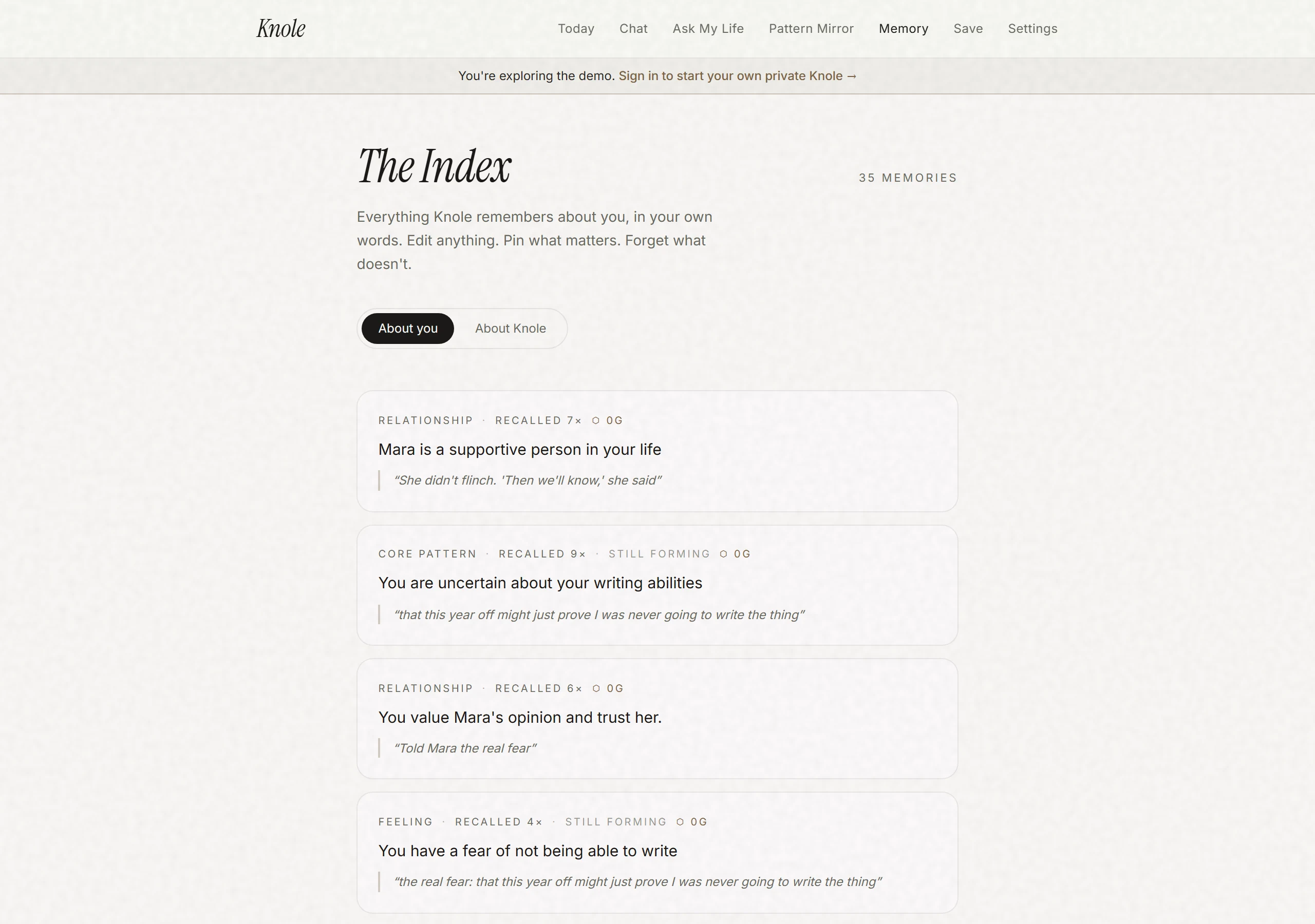 The Index — memories with source quotes and 0G badges