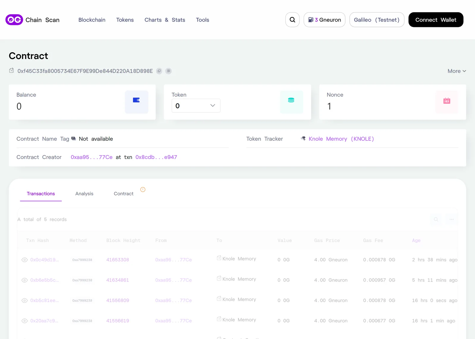 0G ChainScan — the deployed KnoleMemory contract with a live mint history