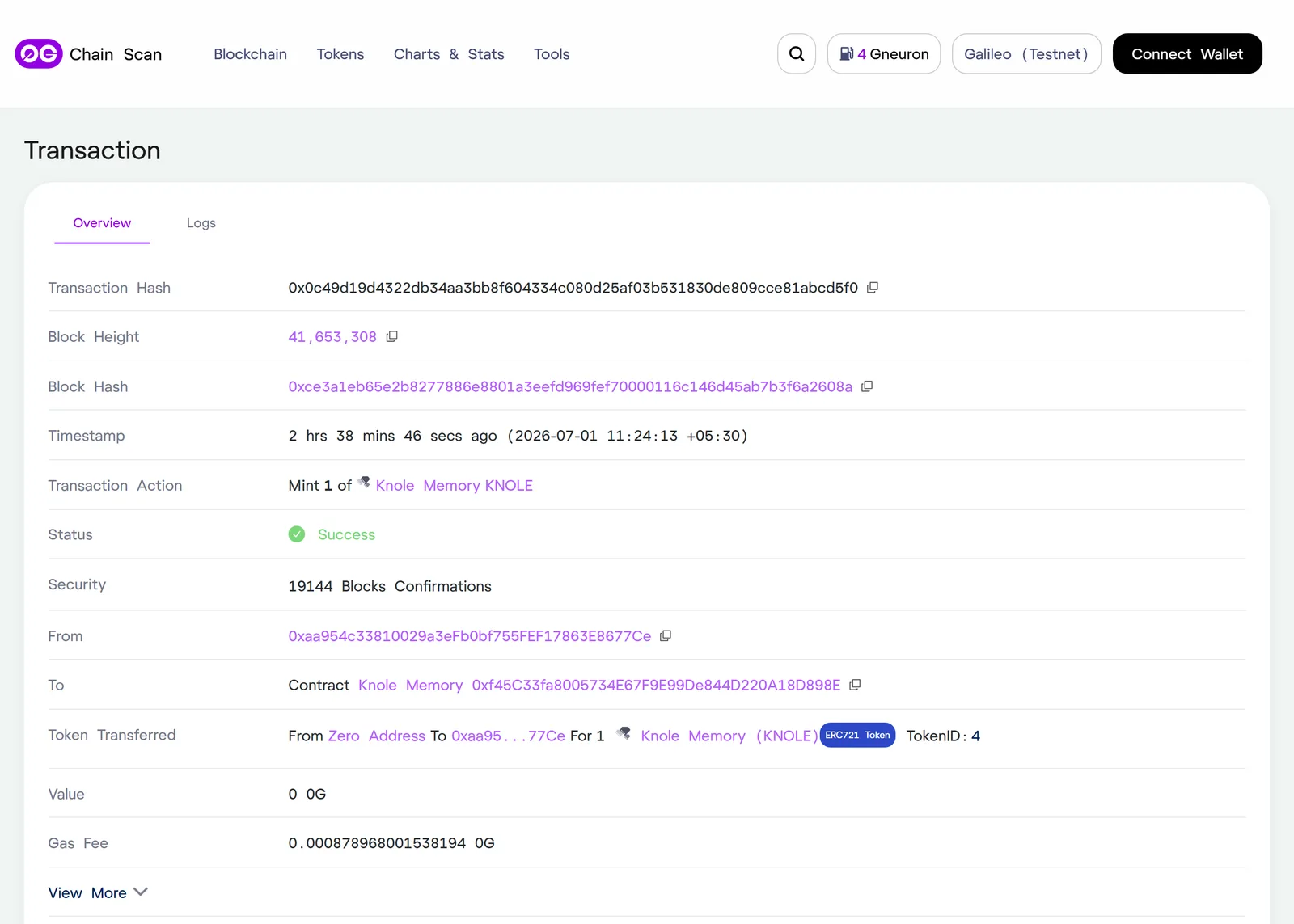 0G ChainScan — Mint 1 of Knole Memory, Success, ERC-721, TokenID 4