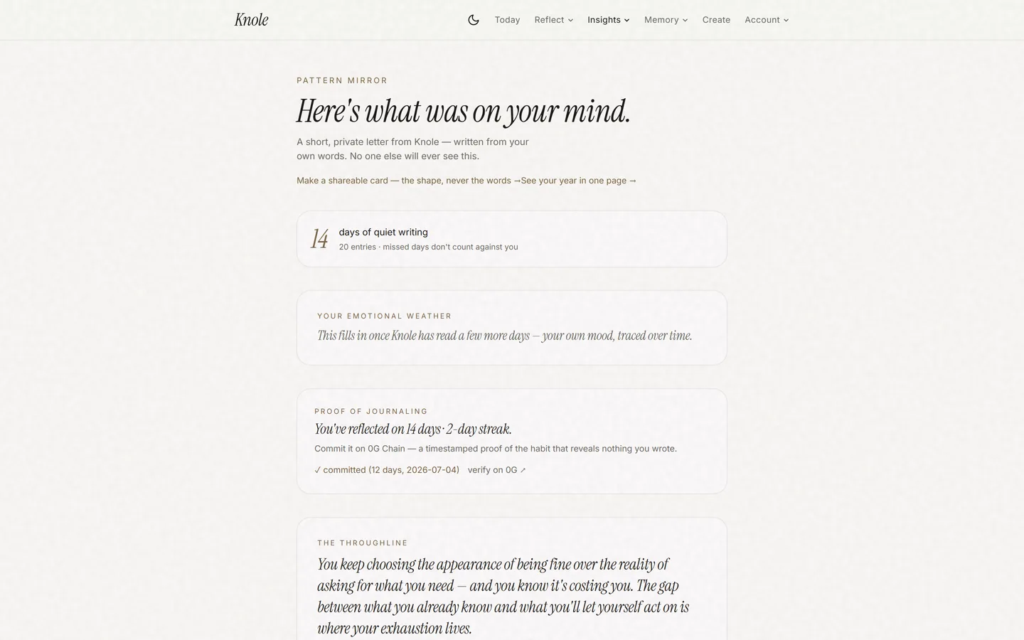 Pattern Mirror — a composed letter with a proof-of-journaling streak committed on 0G Chain