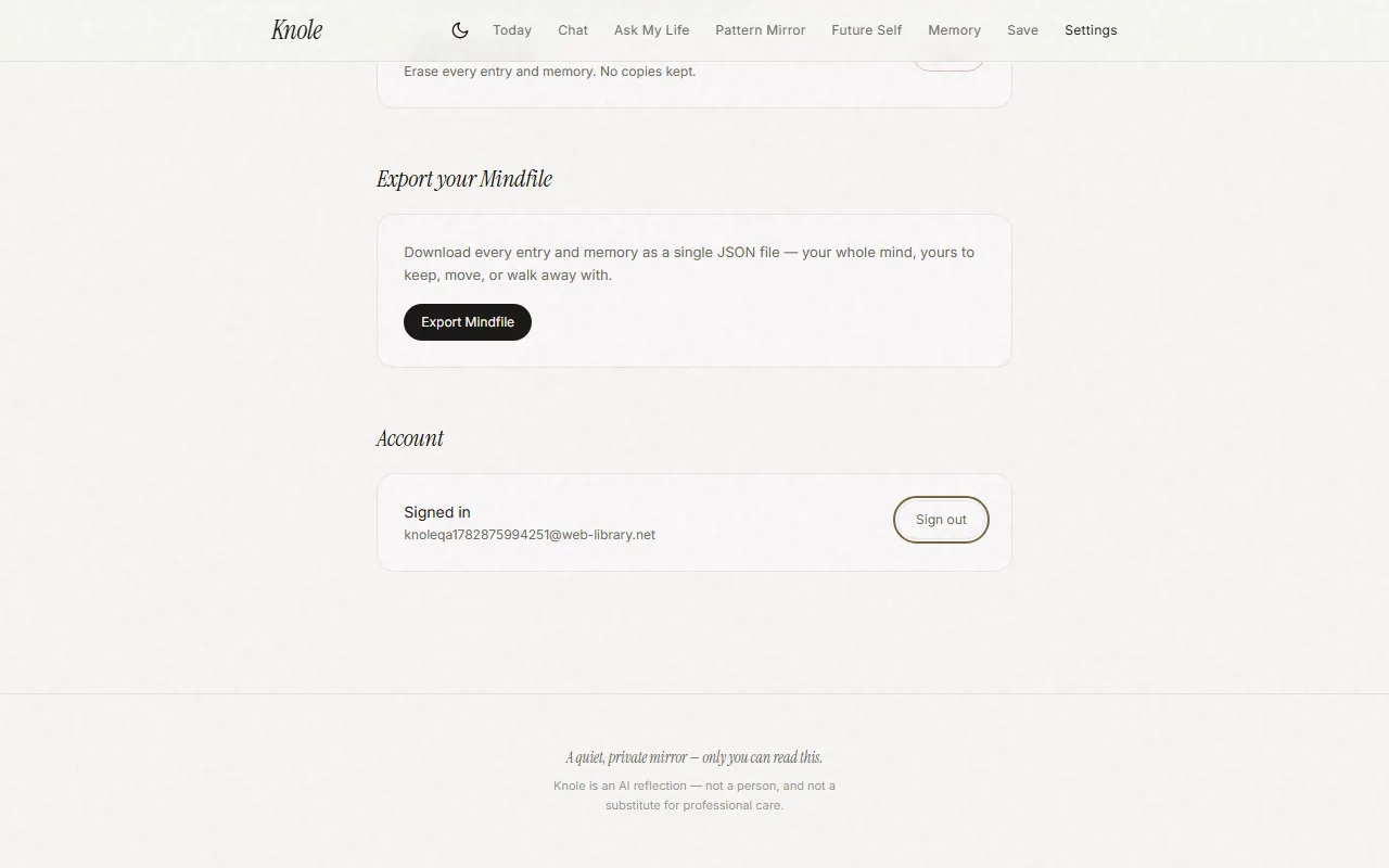 Settings — signed in via a real disposable inbox, with Mindfile export and Sign out