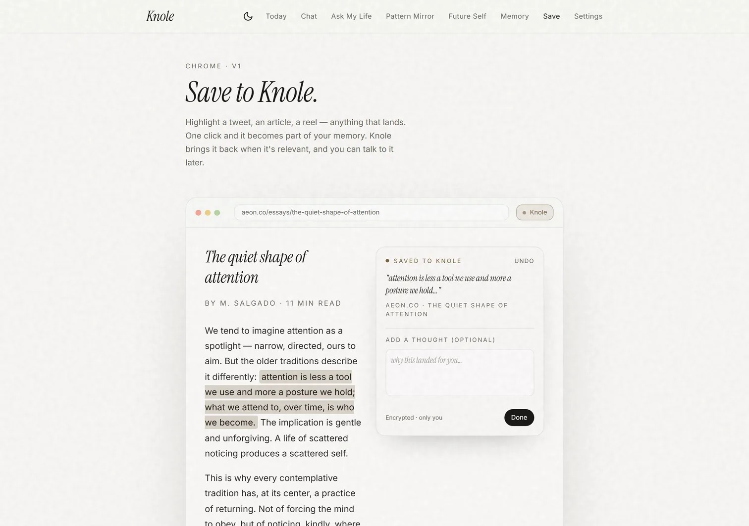 Save to Knole — the Chrome extension capturing a highlight, encrypted