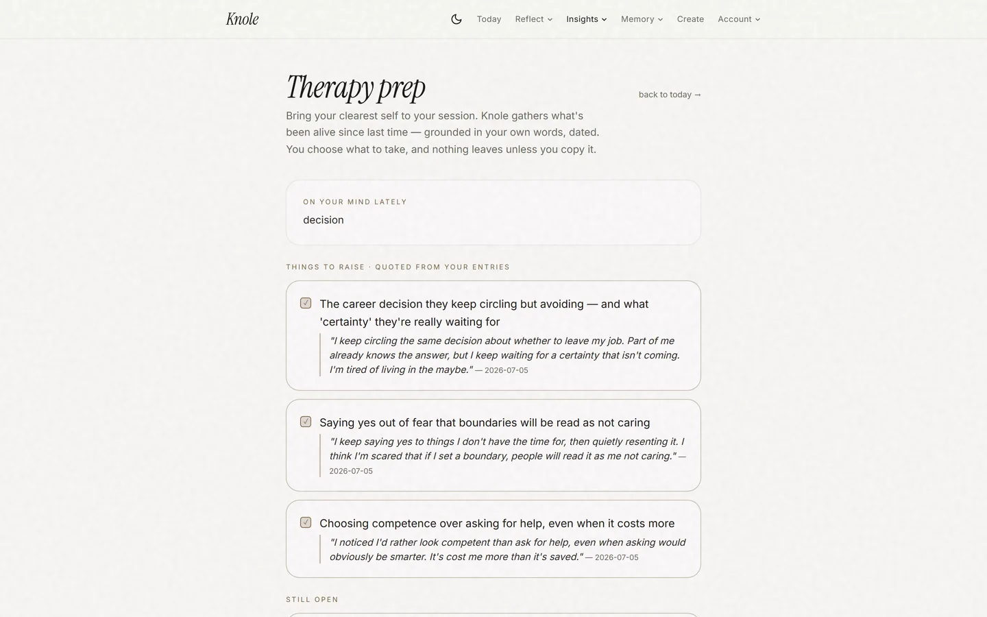 Therapy prep — talking points synthesized from recent entries, each with a verbatim dated quote