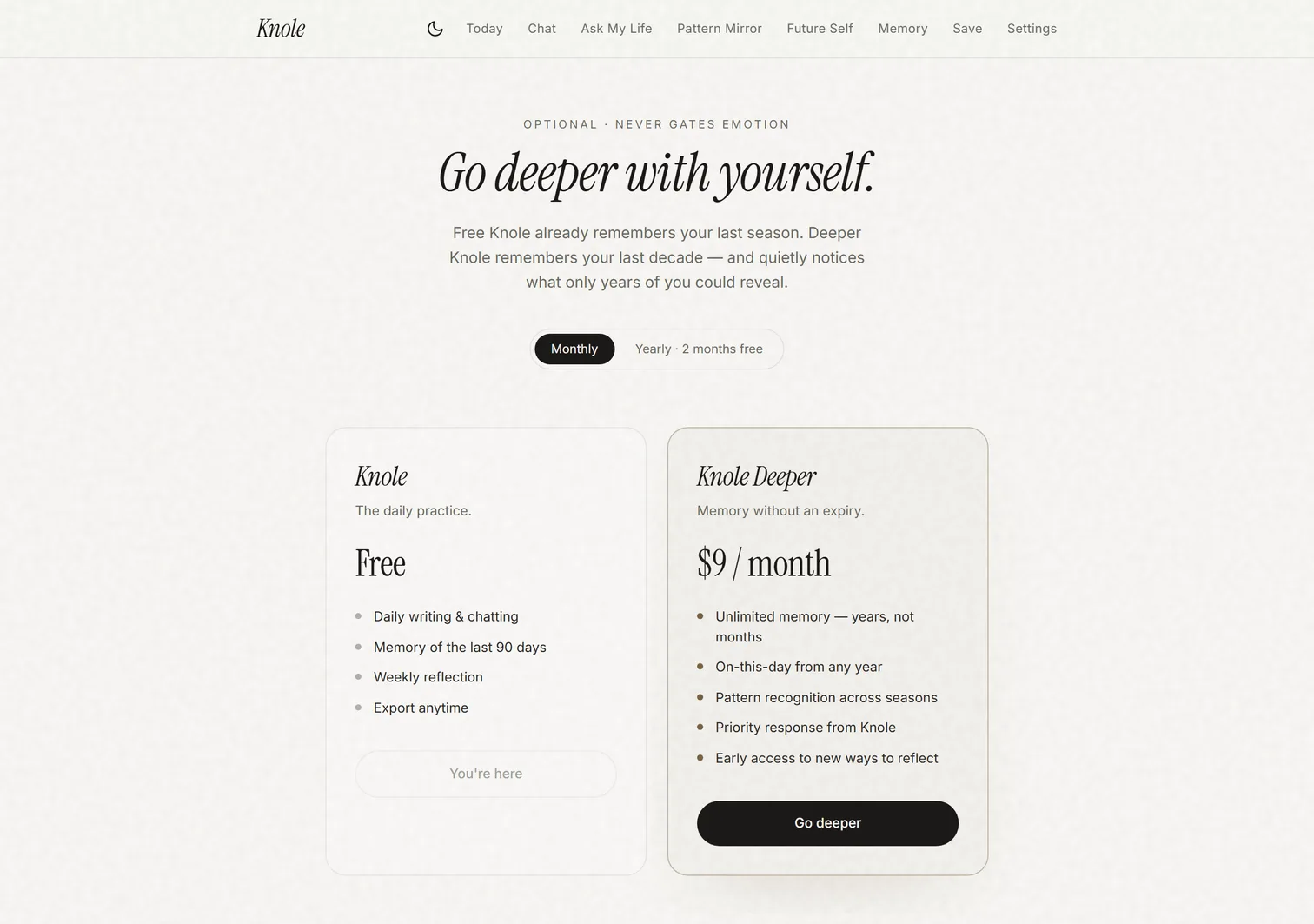 Upgrade — Free vs Knole Deeper, never gates emotion