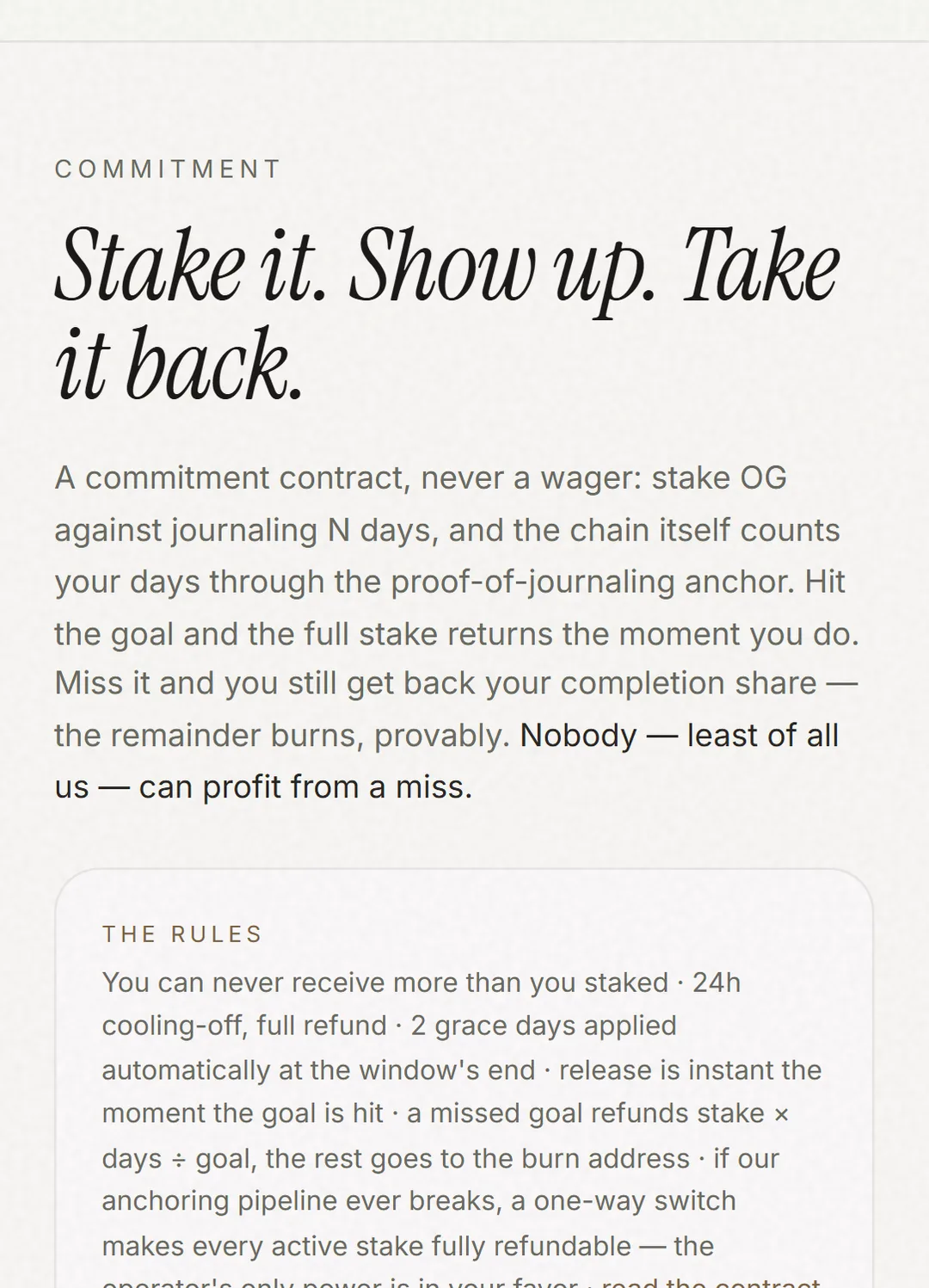 Commit - stake it, show up, take it back; transparent rules with a link to the contract