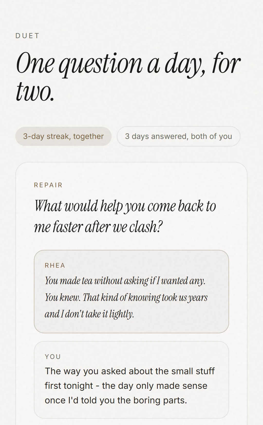 Duet - a repair question unlocked for both partners, with the weekly Us mirror below