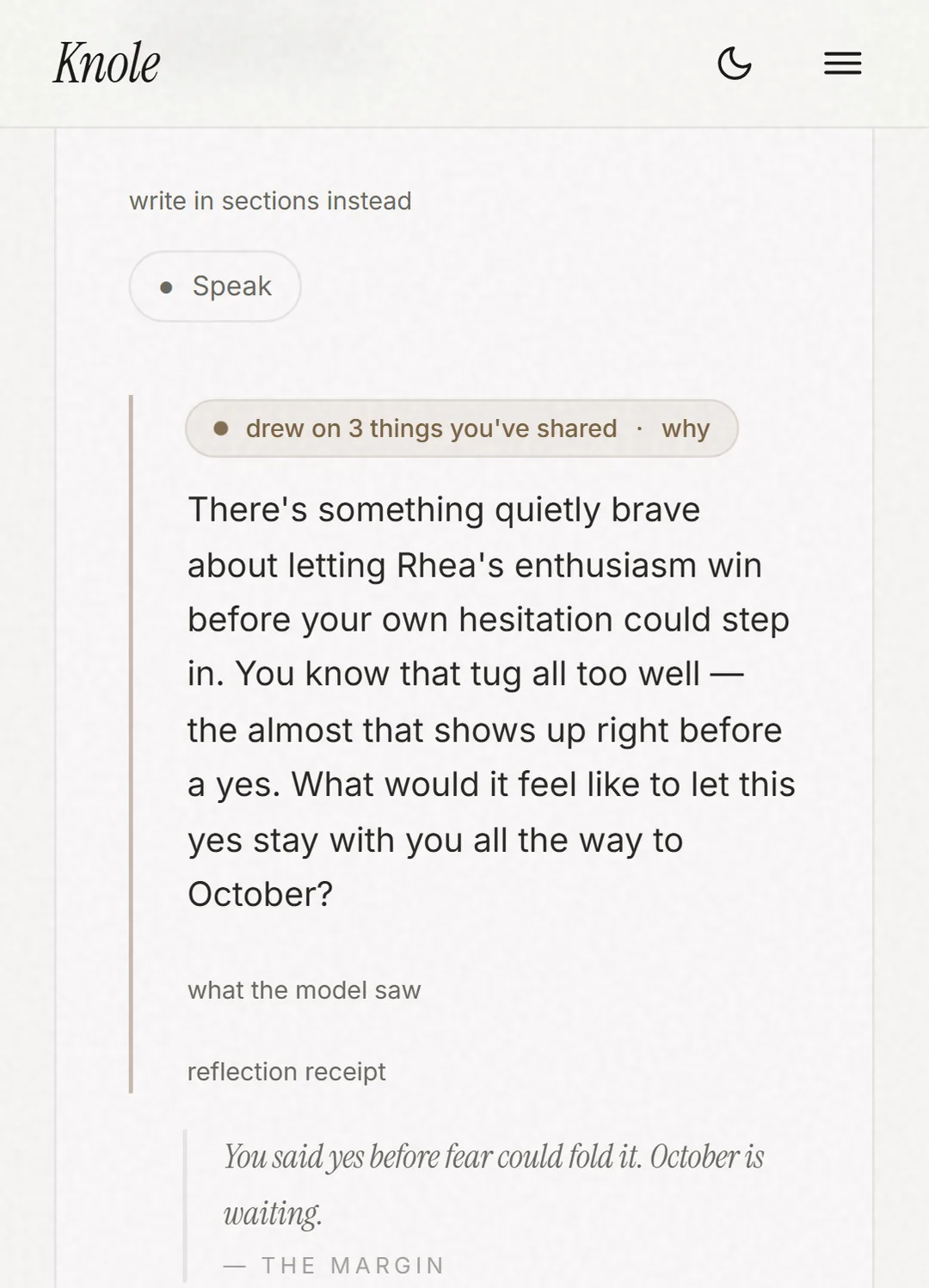After a reflection, the Index files the entry into typed memories before your eyes