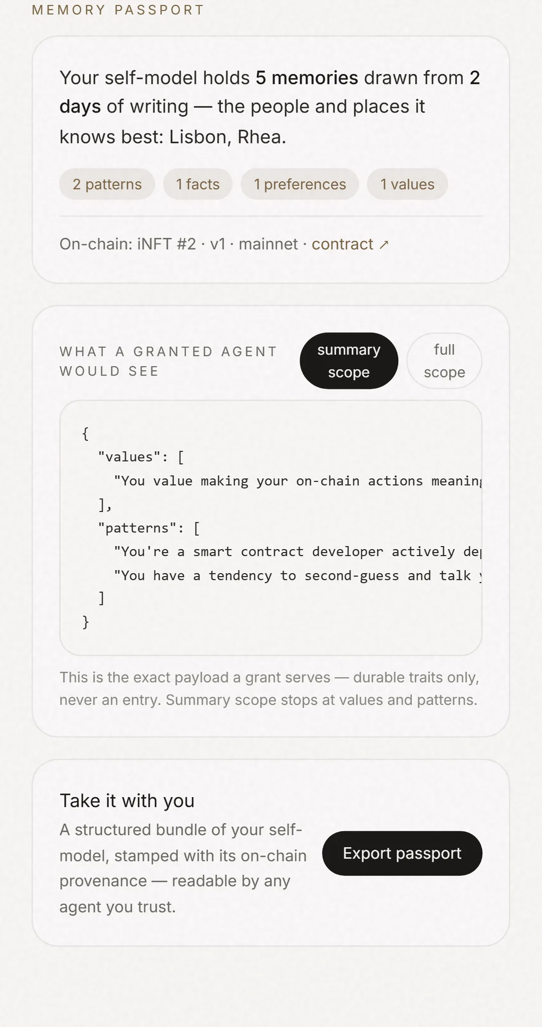 Memory Passport - the exact payload a granted agent would see, with iNFT provenance