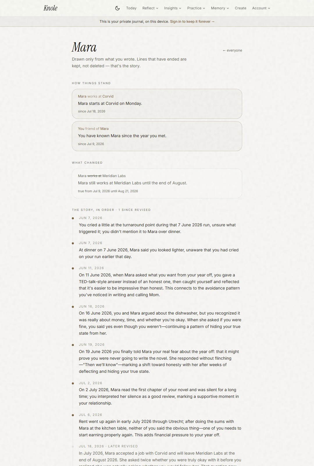 A person's page - how things stand, what changed with the ended tie struck through and dated, and the story in order