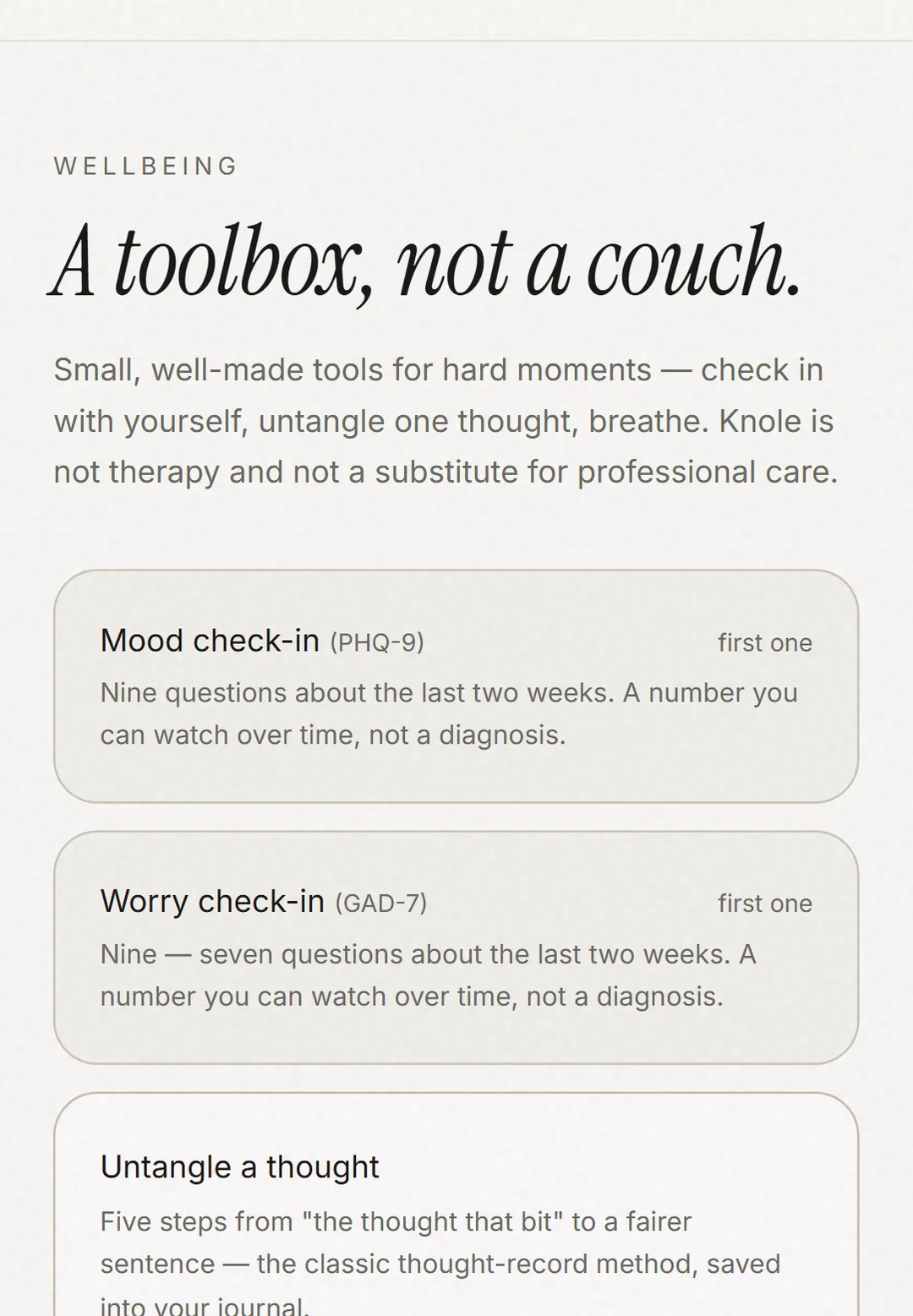 Wellbeing - validated check-ins, the thought record, breathing and grounding exercises