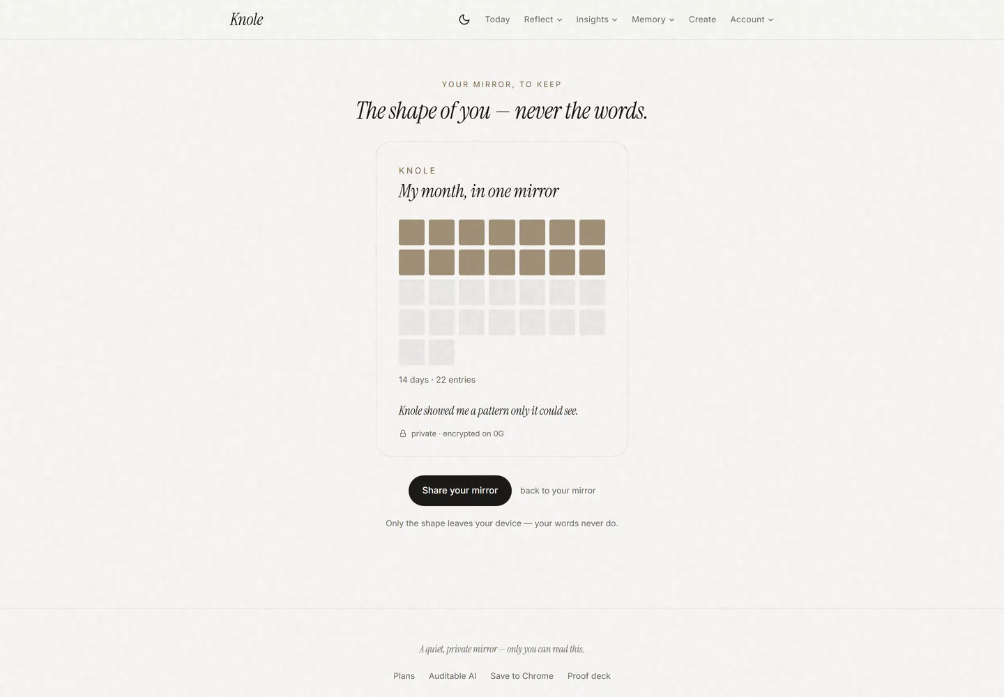 A private Wrapped — a shareable card of the shape of your fortnight, never the words
