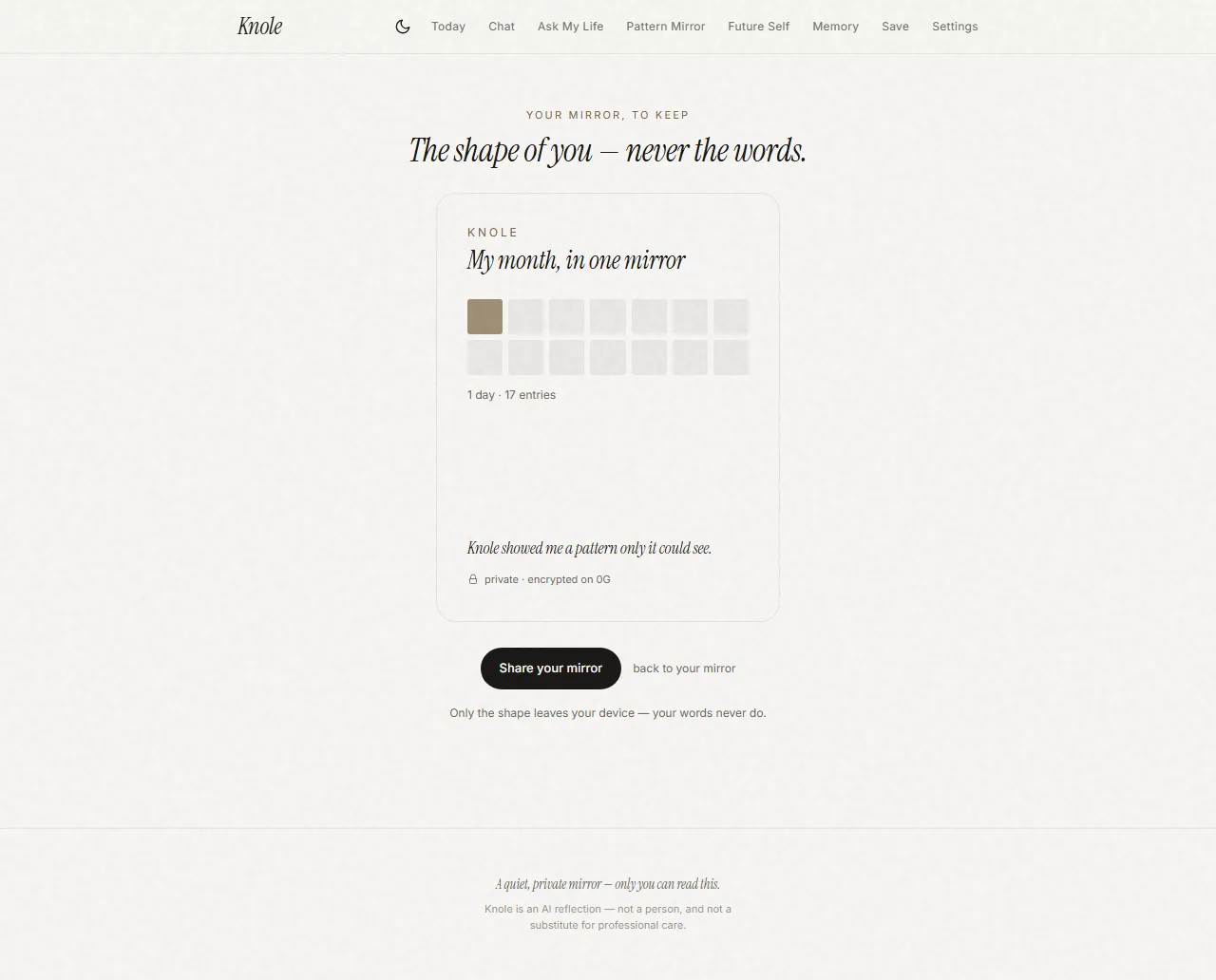 A private Wrapped — a shareable card of the shape of your year, never the words